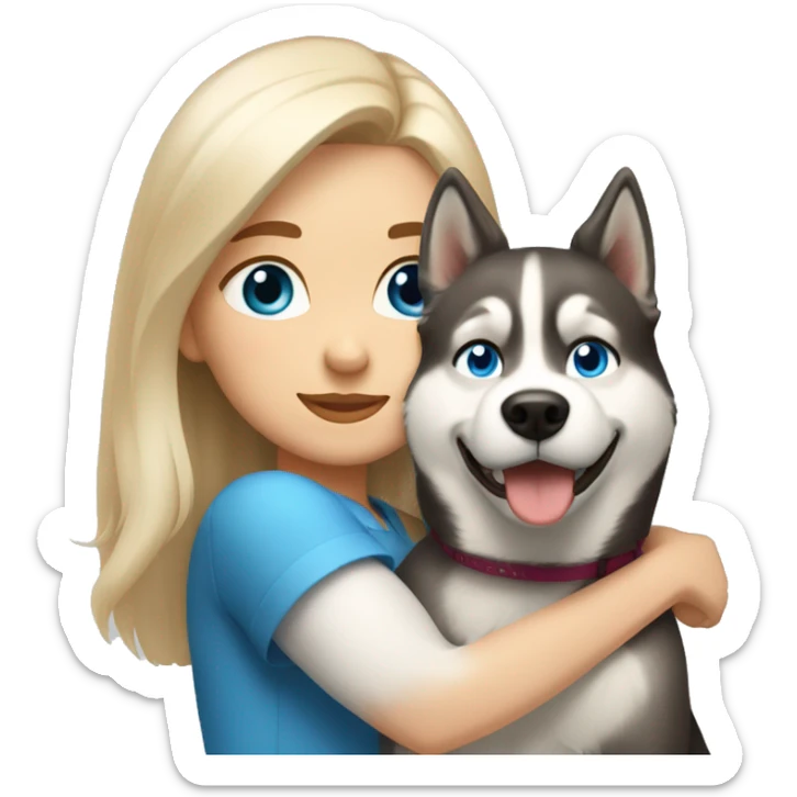 a girl with blue eyes and light-blond hair hugs a husky dog ​​with brown eyes sticker