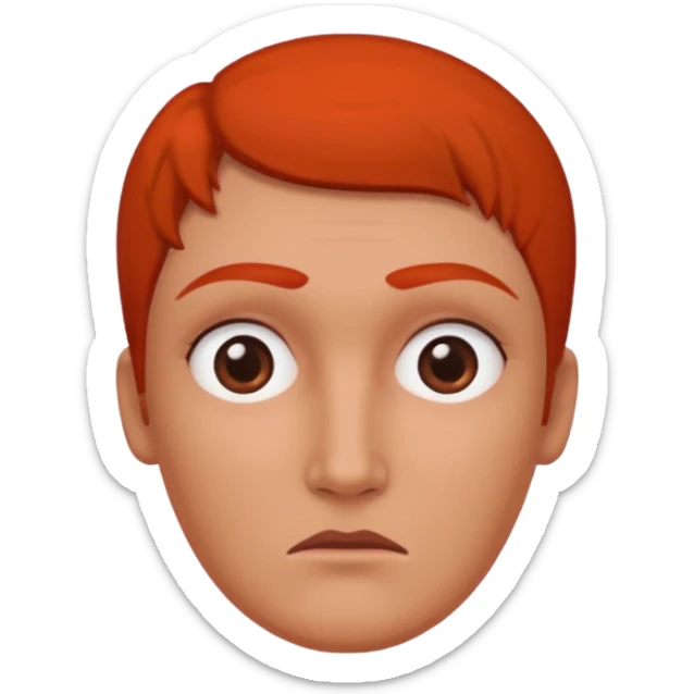 Una figura roja con cabeza cuadrada y cuerpo de rectángulos con cara con dos ojos negros como puntos y cejas preocupadas sin boca y que tenga como una especie de polvo café en la cabeza sticker