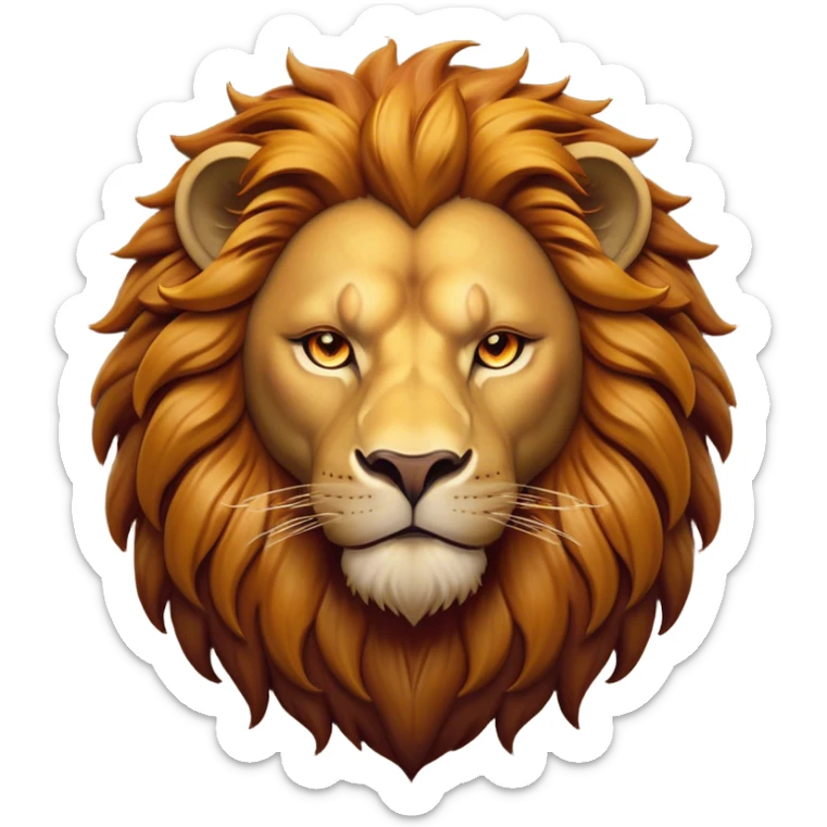 Cinematic Noble Lion Portrait Emoji, Poised and regal, with a powerful, muscular build and a majestic, tawny mane, deep-set soulful amber eyes, Simplified yet sharp and sophisticated features, highly detailed, glowing with a warm, dignified glow, high shine, intelligent and fierce, stylized with an air of wild majesty, focused and attentive, soft glowing outline, capturing the essence of a watchful and confident king, so majestic it feels as though it could roar out of the screen with effortless authority! sticker