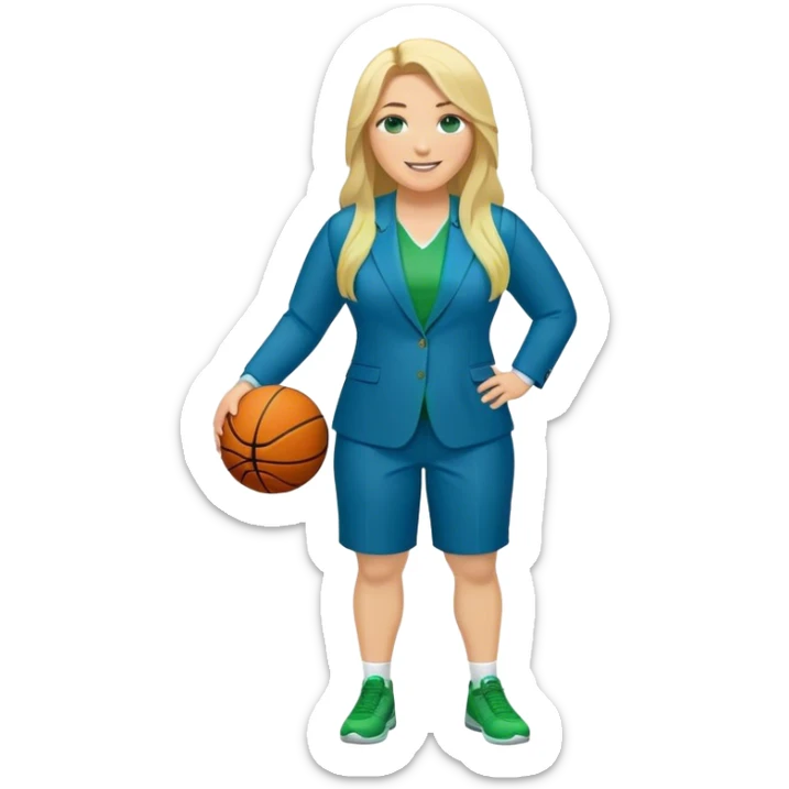 Full Body white plus size female basketball head coach with long blonde hair in a blue and green suit smiling sticker