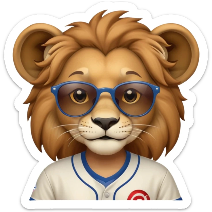 head and shoulders close-crop of a friendly anthropomorphised female lion wearing a baseball shirt and dark sunglasses sticker
