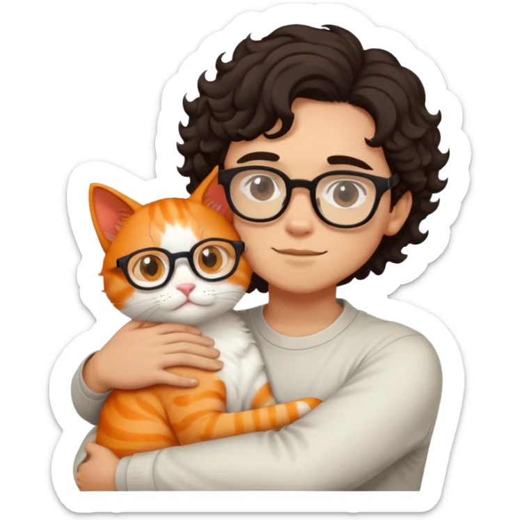 Boy with curl dark hair and glasses hugs white and orange cat sticker