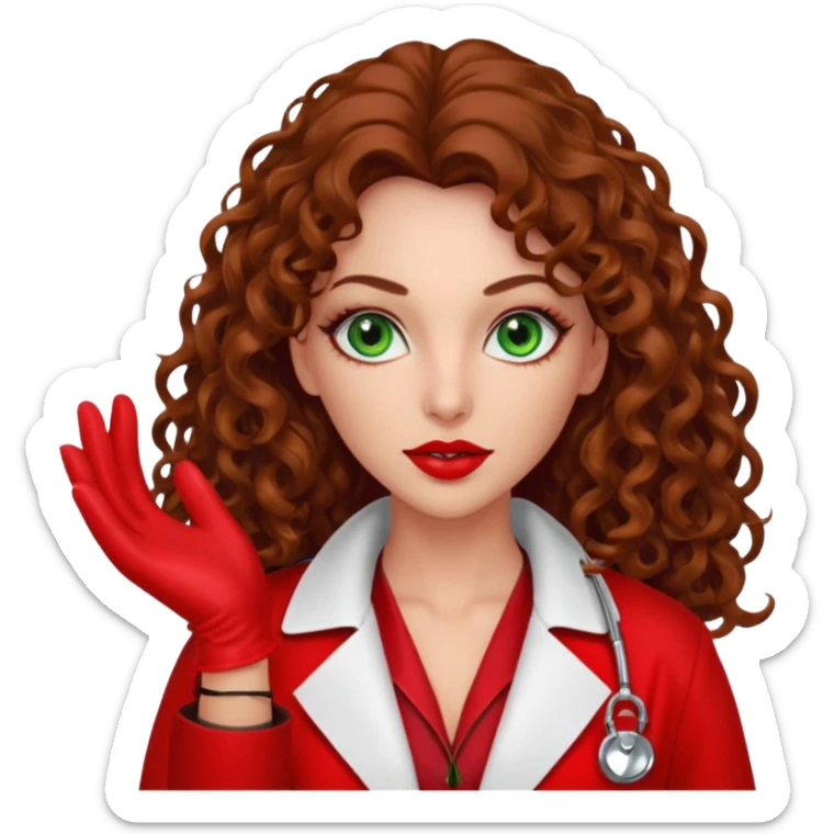 Spanish sexy evil woman. She has green eyes.  had brown long curly hair.  evil surgeon kills with needle wears red sexy doctor coat with red long mouth cover red gloves.  sticker