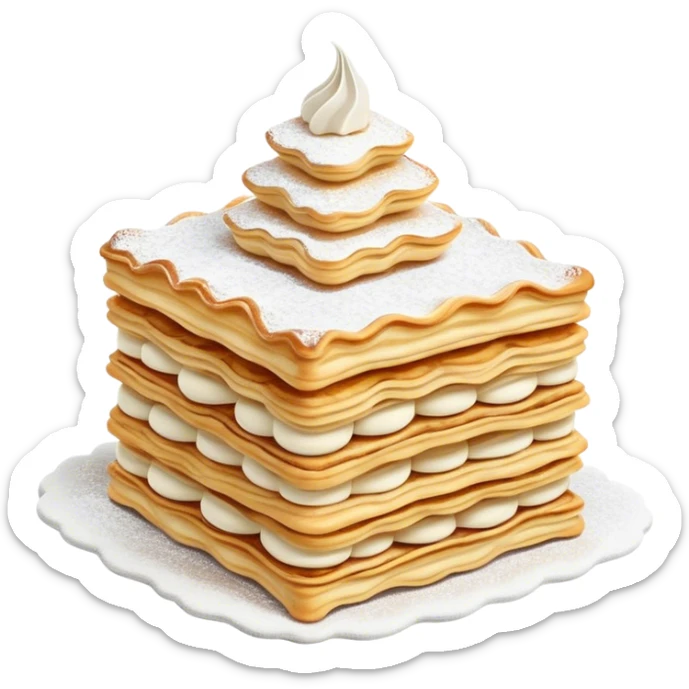 Cinematic Realistic Mille-Feuille Dessert Emoji, depicted as layered puff pastry with rich cream and a dusting of powdered sugar rendered with intricate textures and elegant, soft lighting. sticker