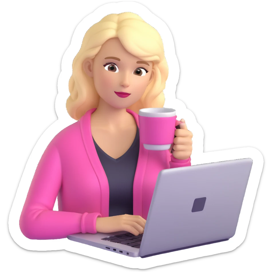 blonde woman in a pink cardigan focused on a laptop with a coffee cup beside her sticker