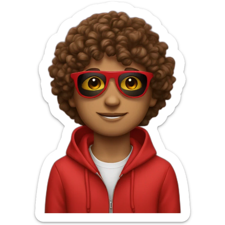 jawline Boy with curly hair and sunglasses red hoodie sticker