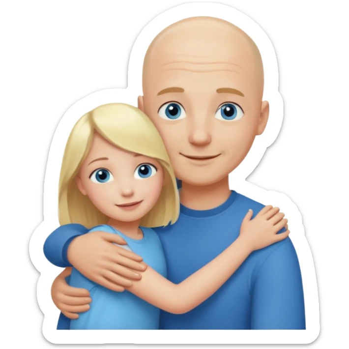 Blonde girl child, blue eyes and happy expression, hugging bald young adult father sticker