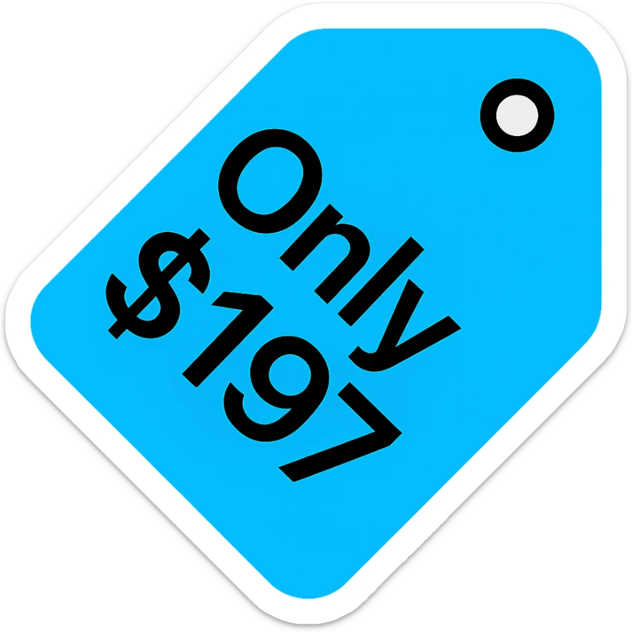 Change the colors of the price tag icon to cyan and black. Keep the text 'Only $197'. Use a modern and bold style in line with the color icon style. sticker