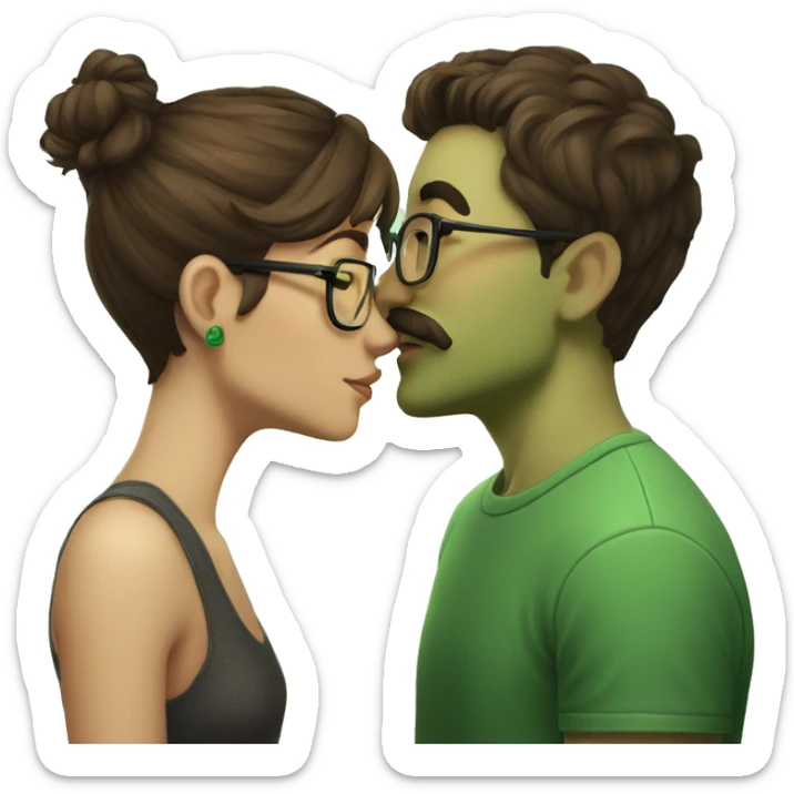 A heavy set boy with brown hair and a mustache is kissing a green haired girl who is thin and wearing glasses both have tattoos sticker