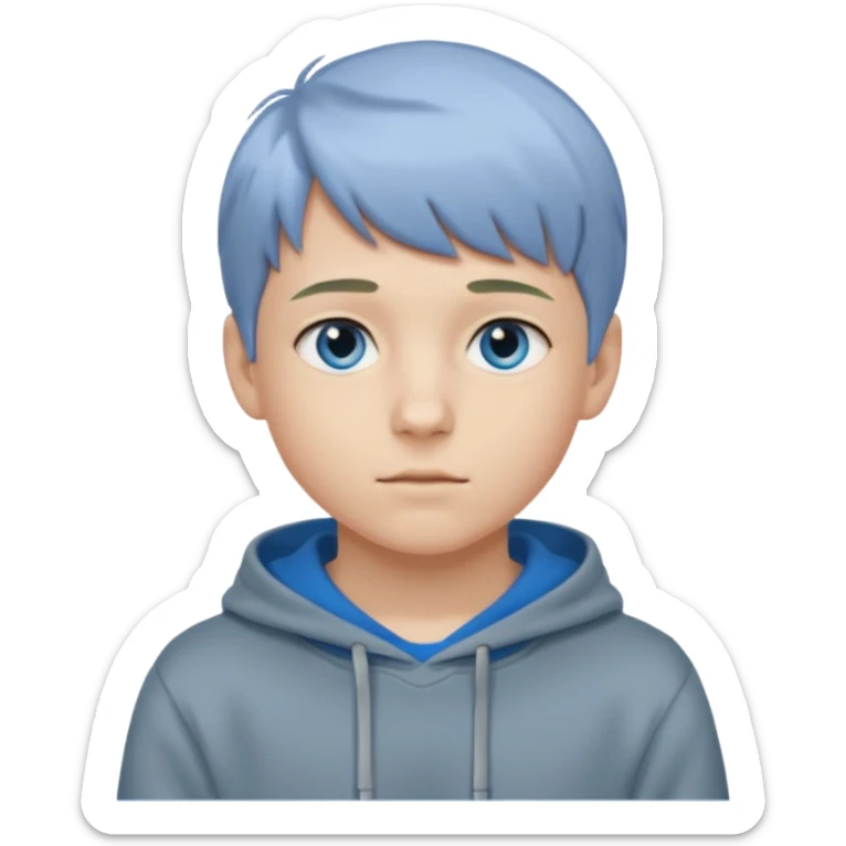 Teen boy with blue eyes and Grey hoodie standing up with blond short hair and short bangs sticker