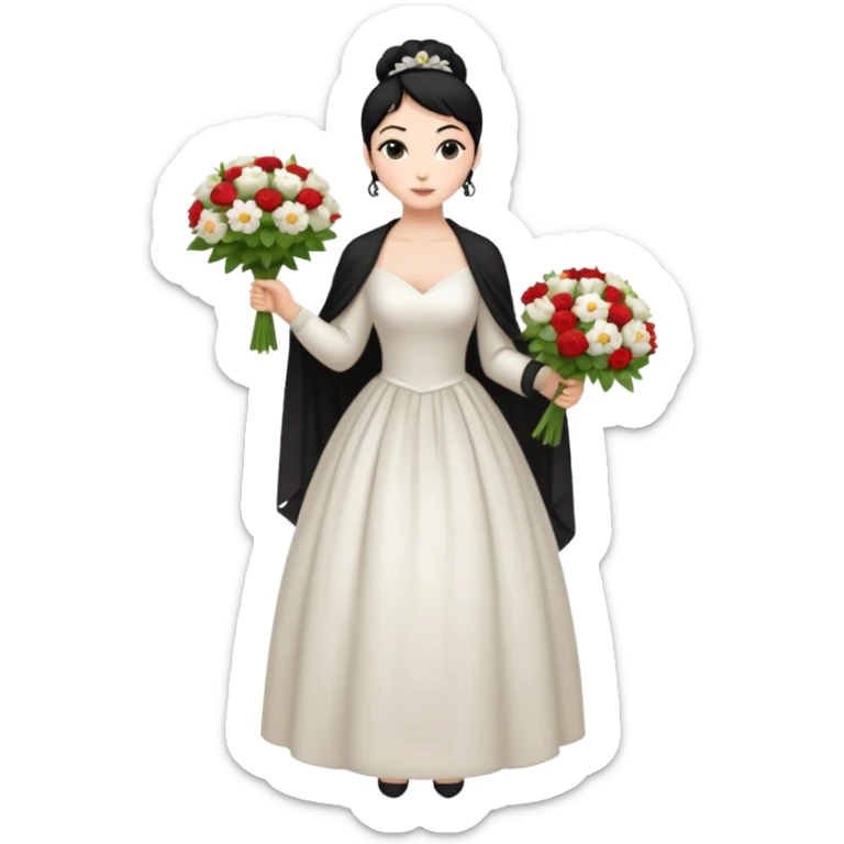 Chica blanca,cuerpo entero, vestido boda ,manga larga ,con estola, pelo negro,    ramo de flores una mano, pelo recogido en moño alto sticker
