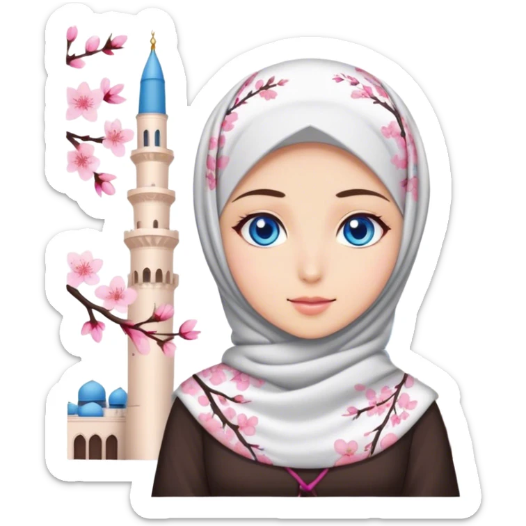 Turkish beautiful finish Konya girl blue eyes with hijab and cherry blossom dress on mosque sticker