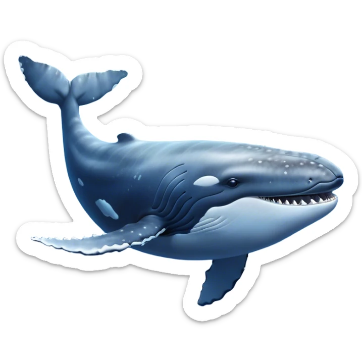 Cinematic Noble Humpback Whale Portrait Emoji, Poised and grand, with an enormous, barnacle-speckled blue-gray body, soulful, wise eyes, and a deeply serene presence, Simplified yet sharp and sophisticated features, highly detailed, glowing with a soft oceanic radiance, high shine, intelligent and powerful, stylized with an air of deep-sea mystery, focused and regal, soft glowing outline, capturing the essence of a legendary giant of the ocean that appears ready to glide majestically through the waves with effortless grace! sticker