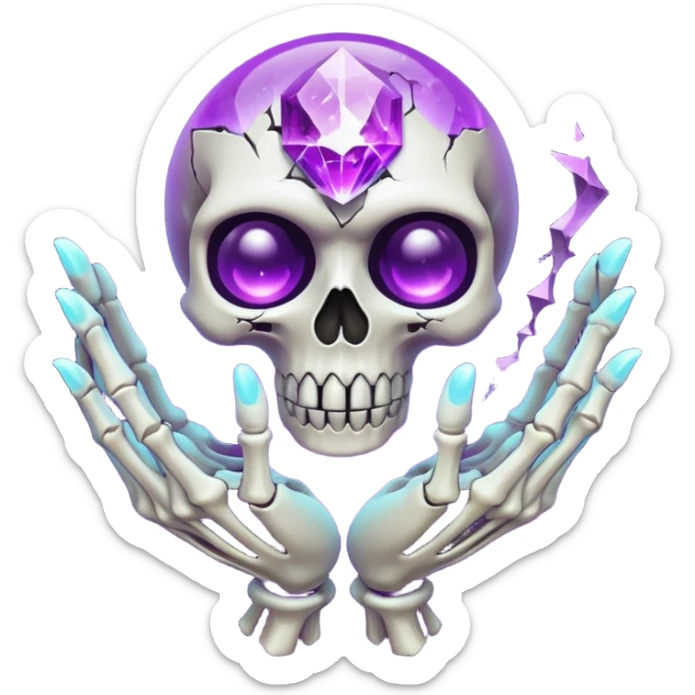A Discord emoji of a floating, cracked purple crystal orb held by skeletal fingers. Void magic theme, vibrant glow, sharp detail, white background. sticker