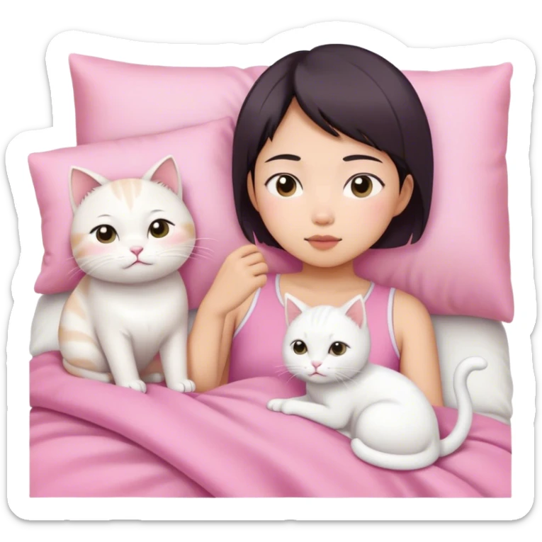 Short hair Asian girl in pink cloth wake up with white cat  sticker