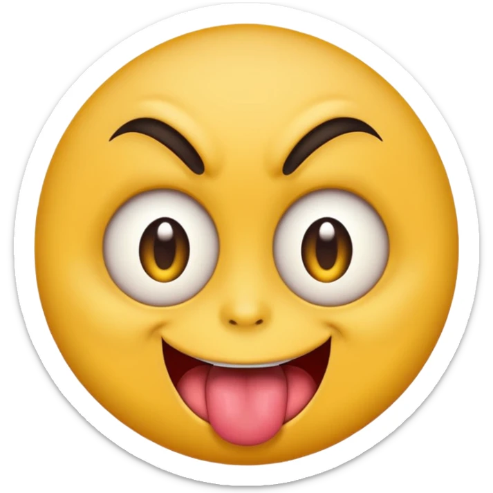A yellow round face emoji smirking with its tounge out but the eyes are evil and kind of crazy and only one of the eyebrows is raised and the other eyebrow is lower and normal sticker