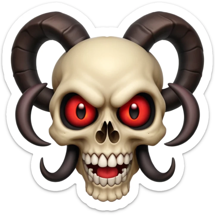 Cartoon skull with large black ram horns, glowing red eyes, big toothy grin, matching attitude and features of reference images, apple emoji style sticker
