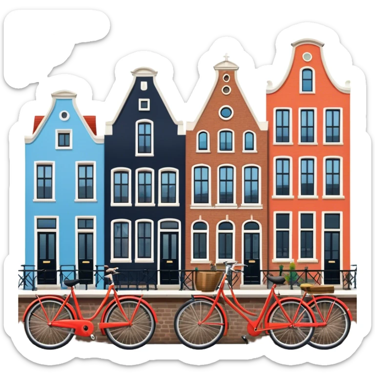Cinematic Realistic Amsterdam Canal Houses Landmark Emoji, featuring narrow, gabled facades in vibrant colors reflecting on the calm canal waters, with bicycles lining the cobblestone streets. sticker