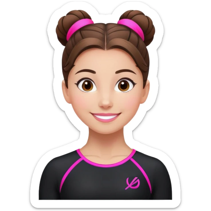 Happy female gymnast with brown hair in a neat bun, wearing a black uniform with neon pink elements. sticker