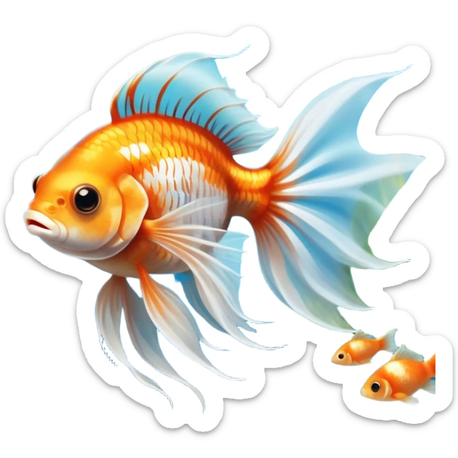 Large aquarium fish like veil tails and lionhead goldfish swimming gracefully in a beautifully decorated aquarium. Colorful aquatic plants, smooth rocks, and gentle bubbles surround the fish. The water shimmers in sunlight, creating a peaceful and vibrant underwater scene. Transparent background. sticker