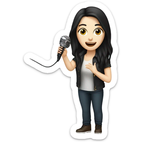 a woman with long black-brown hair, hazel eyes, pale skin, singing into a microphone sticker