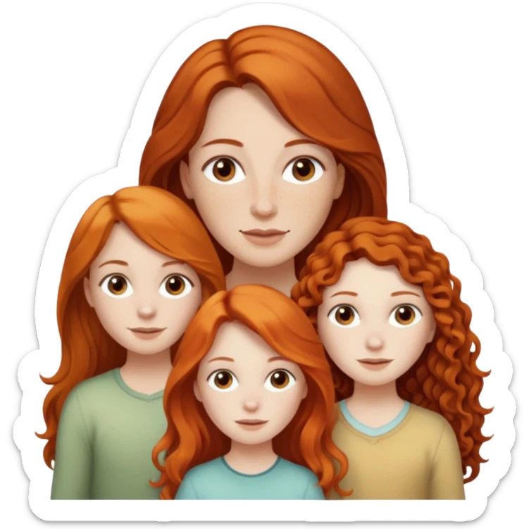 Give me a mom with long neutral brown hair, white skin. Then make daughters, the first one with pale skin, freckles, long orange hair. The other has long dark curly brunette hair with slightly tanner skin, but still caucasian. sticker