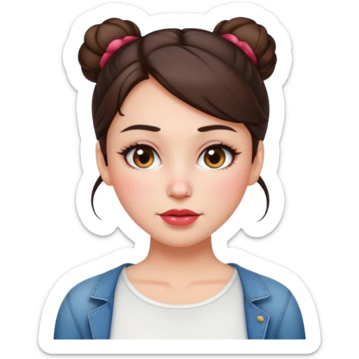 “Emoji brunette girl hair in bun white top, dewy skin, heavy blush across cheeks and nose bridge, glossy cherry lips, soft eyeliner, teary sparkling eyes like hanni from new jeans sticker
