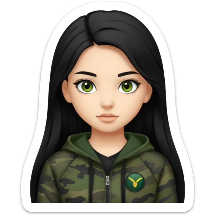 cute teenage girl, cute black trendy athletic clothes, light tan skin, very dark camo green eyes, long black hair, very long eyelashes sticker