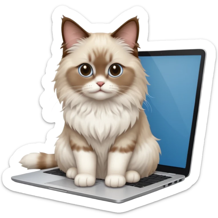 Cute ragdoll cat on a laptop. Should sit on top of the laptop, cat is way bigger than the laptop. Could walk on the laptop or sit. I liked the first one but remove the blue on the cat sticker