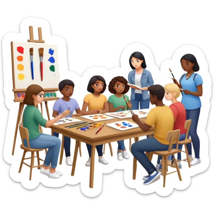a group of people sitting around a table, with paintbrushes, canvases, and art supplies visible. In the center teacher or instructor demonstrating drawing techniques while students are actively drawing or listening sticker