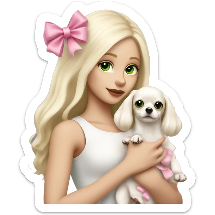 pale blond girl with long platinum hair with green eyes holding a white chihuahua puppy that wearing a pink bow sticker