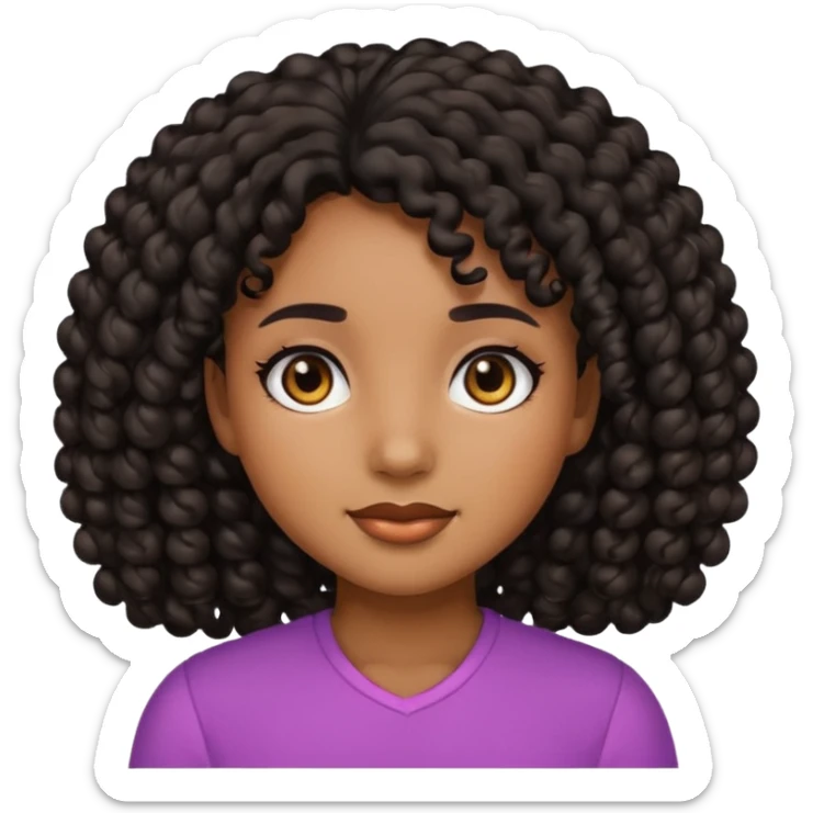 Girl emoji with brown skin and black curly hair and black eyes, pretty sticker
