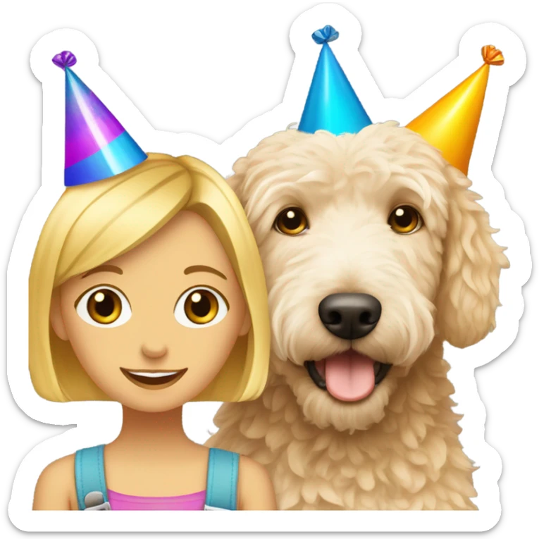 Blonde girl and a cute golden doodle wearing a happy birthday hat sticker