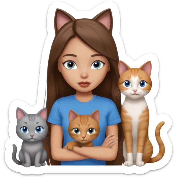 a pretty bratz dusky light skin girl with long brown hair, blue eyes with six cats nd wearing a grey tshirt sticker
