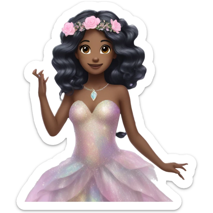 Iridescent fairy flying long black hair, flowers in hair, clear glitter wings, gorgeous ball gown, rose quartz jewelry  sticker