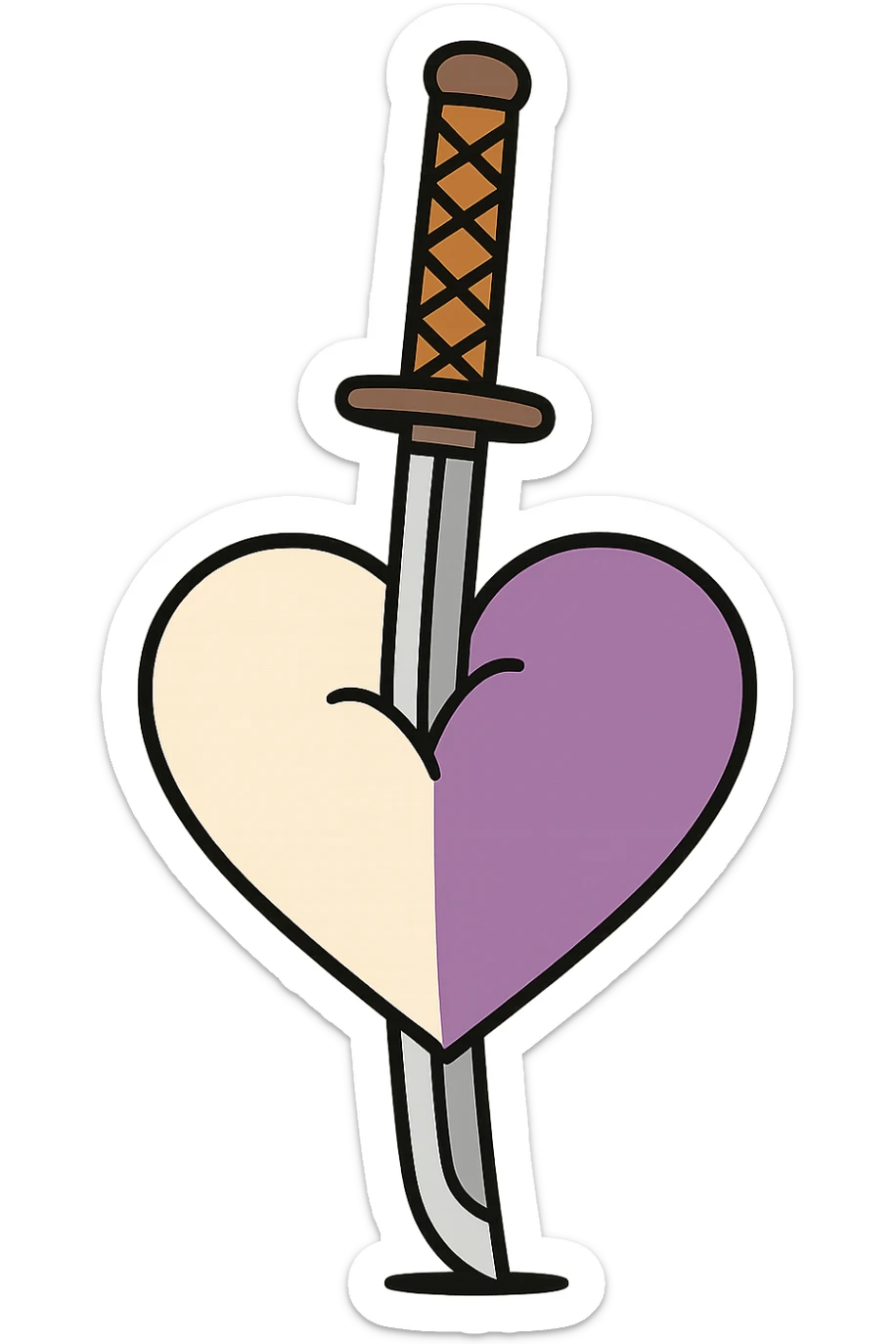 minimalist style katana planted vertically in the middle of a heart, left half white, right half purple, bright colors sticker
