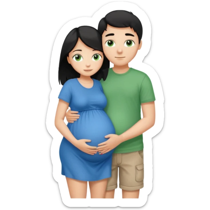 Make a couple hugging the girl is white with long black hair with blue eyes. The girl is hugging a boy with light brown short hair with green eyes. The boz is pregnant  sticker