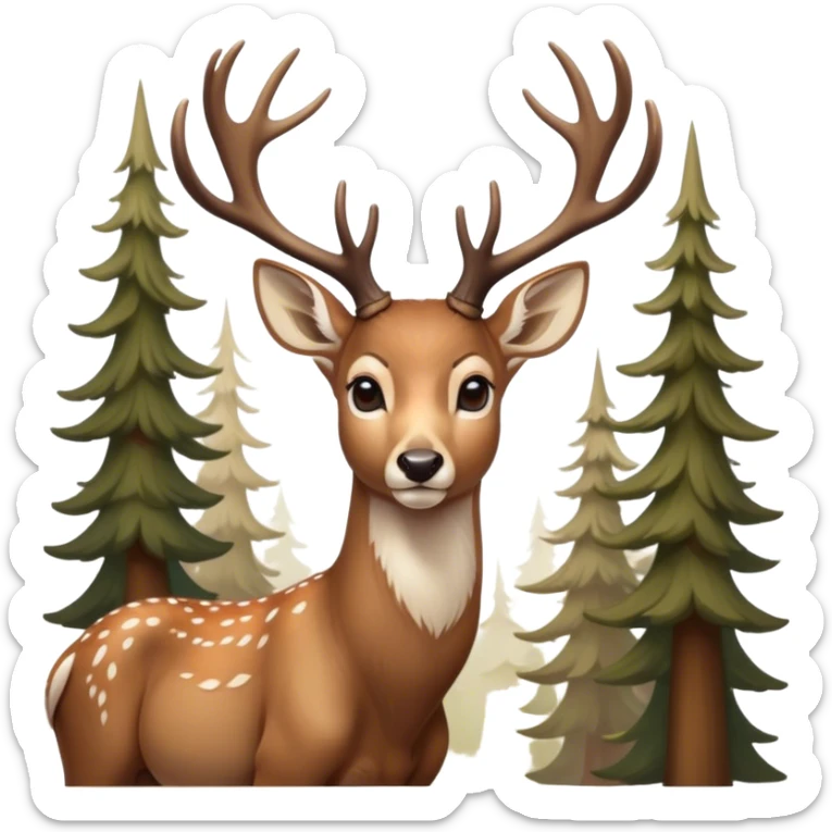 Cinematic Noble Deer Portrait Emoji, Poised and regal, with a graceful, slender build and a dappled Fur of warm browns and creams, elegant antlers crowning its head, deep-set soulful gentle eyes, Simplified yet sharp and sophisticated features, highly detailed, glowing with a soft, dignified glow, high shine, intelligent and serene, stylized with an air of forest majesty, focused and attentive, soft glowing outline, capturing the essence of a watchful woodland guardian, so majestic it feels as though it could gracefully leap out of the screen with effortless authority! sticker