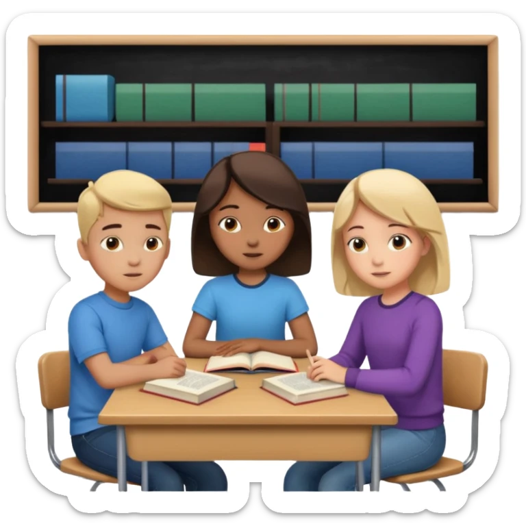 a group of students of both genders (boy and girl) talking to each other quietly in a classroom (let them face each other) sticker