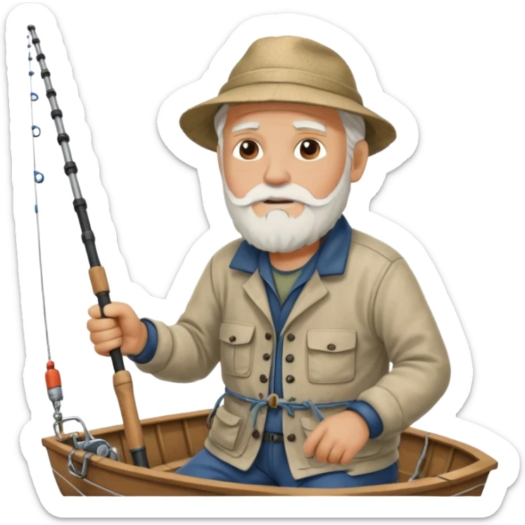 an old white haired, bearded man in fisherman attire, sat in a big boat on a calm sea, holding one fishing rod in one hand, with the end of the fishing line touching the water sticker