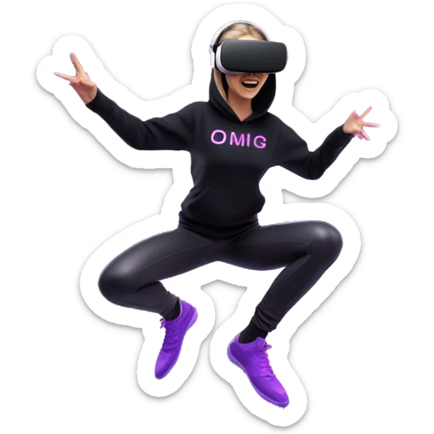 Russian girl wearing black hoody with violet letters "OMG", in vr headset oculus quest2. jumping. Cyberpunk style. Violet neon. sticker
