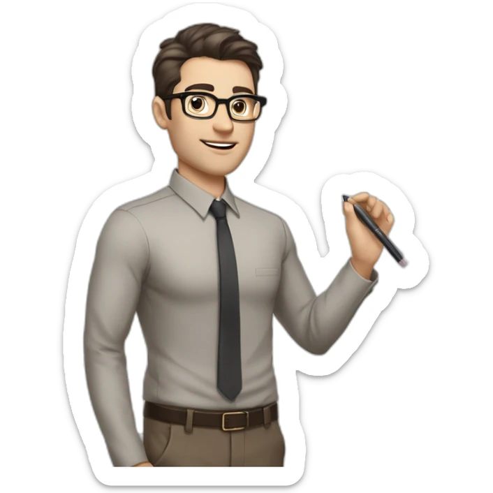 Pale skinned fit man with dark brown hair in gray jacket, beige office shirt, brown tie, brown pants and vintage glasses Writing on the marker board sticker