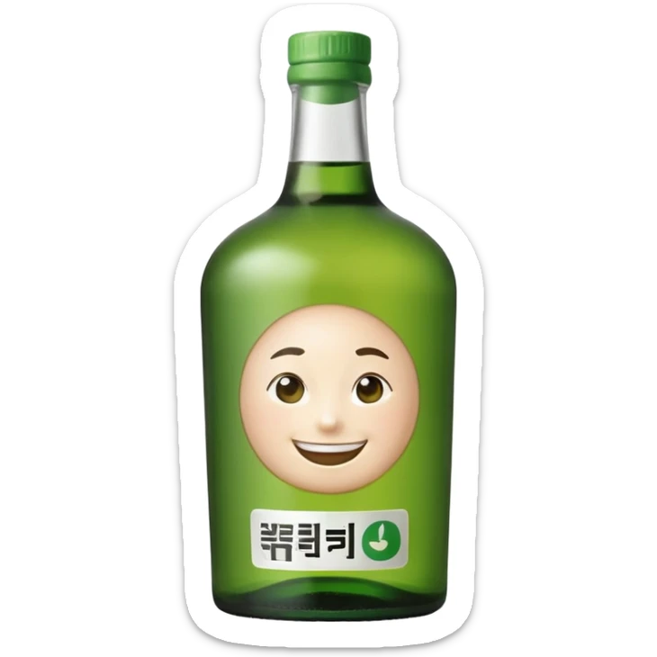 Minimal realistic emoji of a green Korean soju bottle, smooth glass texture, simple Korean label, soft studio lighting, clean background, centered composition, modern emoji design, high quality, 1:1 square sticker