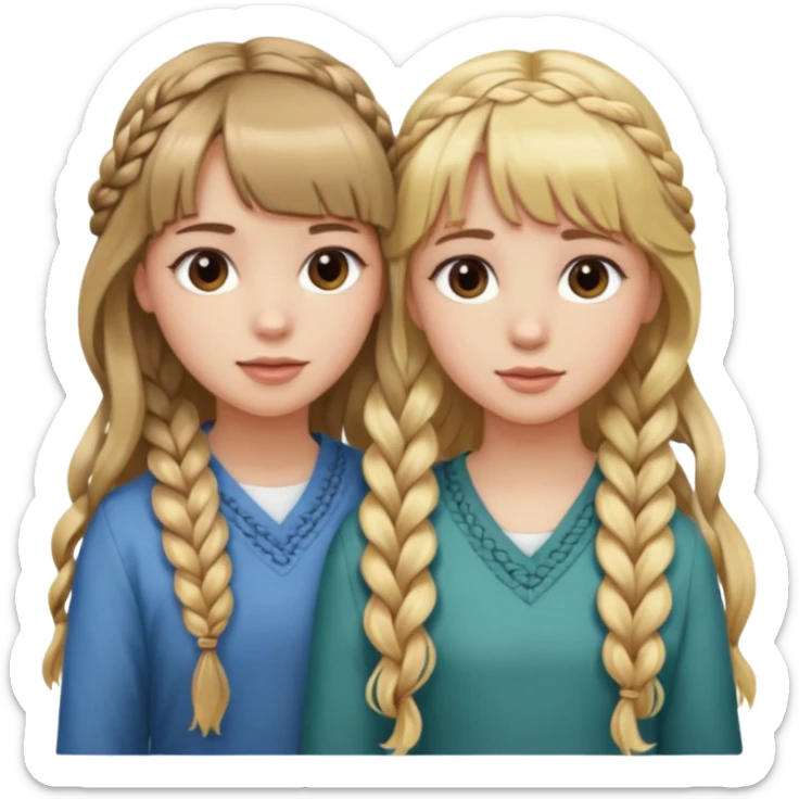 Sister with bangs and long wavy blonde hair and her sister with brown hair with bangs and longb hair braided to one side.  Close loving sisters💛 sticker