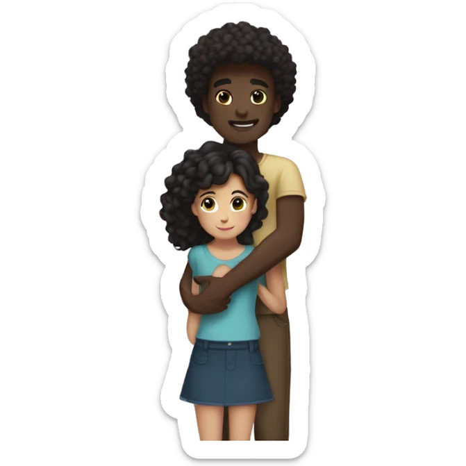 Couple hug, straight black hair dark skin tall boy and curly brunette long hair fair skin girl hugging sticker