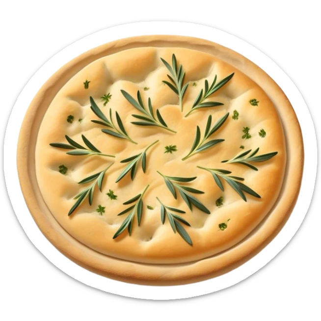 Cinematic Realistic Focaccia Bread Dish Emoji, depicted as a golden, olive oil brushed flatbread sprinkled with herbs rendered with lifelike texture and soft, appetizing lighting. sticker