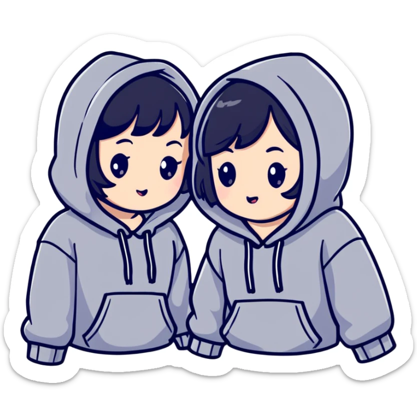 Two adorable Japanese girls with black hair wearing casual Western clothing like hoodies or blouses, their cheeks touching, kawaii style sticker