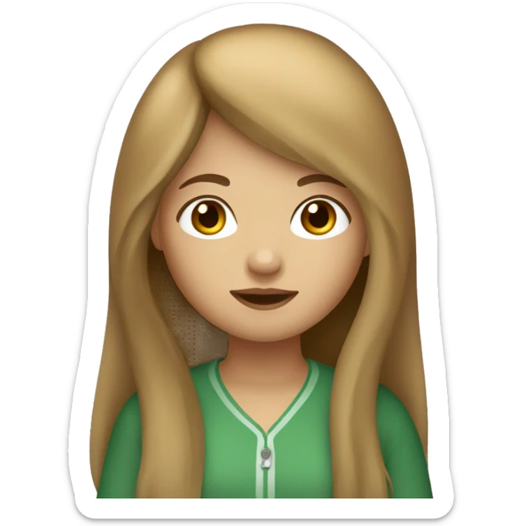 girl with long hair and light brown bangs. Her skin color is very white with a little freckles and her eyes are green and brown. sticker