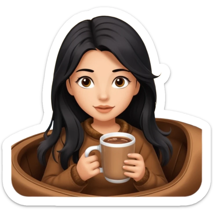 anned Girl with lashes , bright black long hair, in an extremely big fluffy brown mustang, and drinking hot chocolate drink sticker
