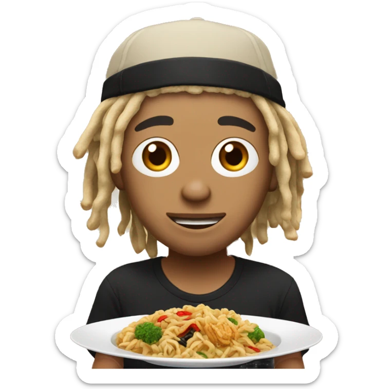 Lightskin dude with blonde dreads and black running hat eating asian food sticker